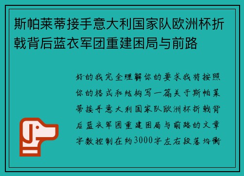 斯帕莱蒂接手意大利国家队欧洲杯折戟背后蓝衣军团重建困局与前路